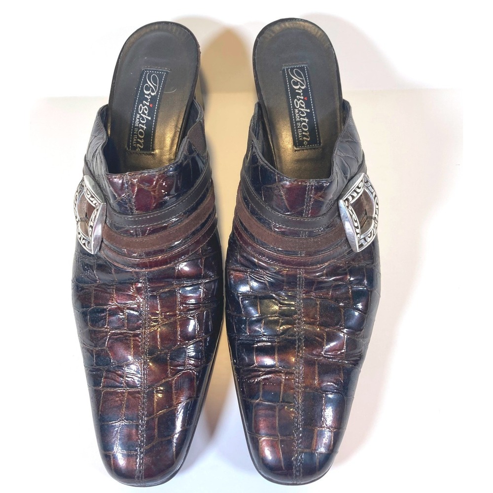 Brighton Brown Croc Embossed Leather Mules Silver Buckle Block Heel Italy 7M